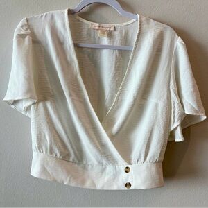 Monteau Cream Crop Wrap Top with Flutter Sleeves Size L
